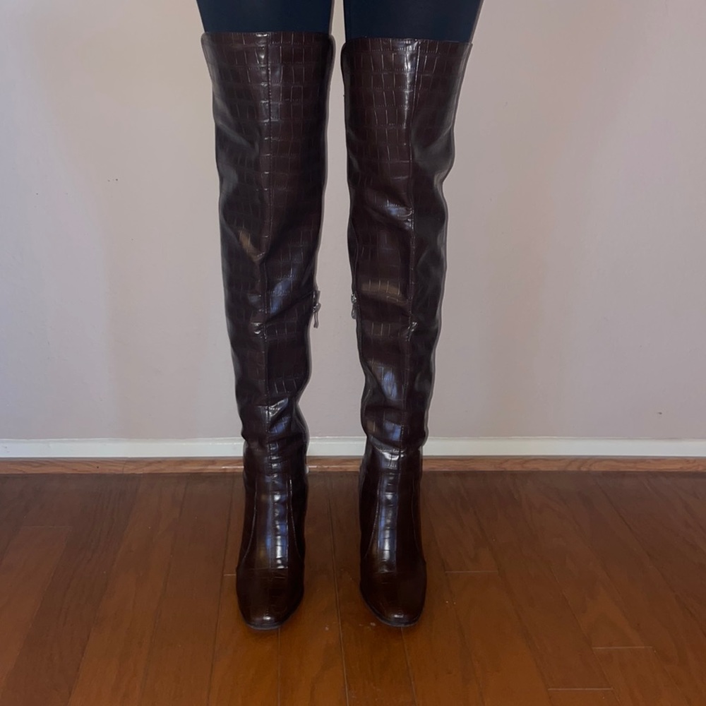Raid Chocolate Brown Faux Crocodile Over The Knee Boots